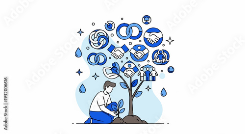 Man watering a tree of business concepts and growth.