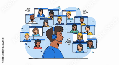 Man wearing headset communicating in online meeting.