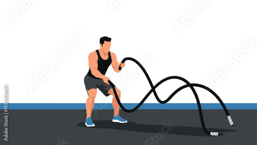 Fitness enthusiast engaging in battle rope exercise at the gym