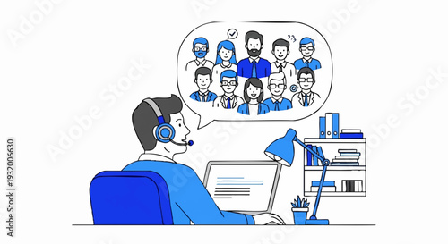 Man wearing headset working on laptop with team in speech bubble.