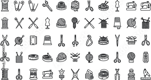 Sewing and Knitting Line Icon Collection with Scissors Needle Thread Yarn and Tailoring Tools Vector Set