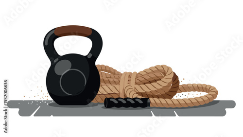 Kettlebell and battle rope on gym floor: fitness icons for strength training