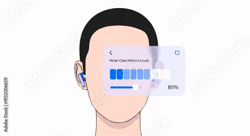 Man wearing wireless earbuds with augmented reality interface.