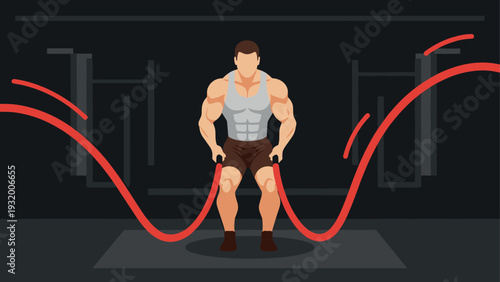 Muscular athlete training with battle ropes in a minimalist gym setting