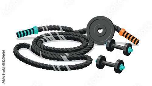 Colorful gym equipment: battle rope, dumbbells, and barbell plate on white background