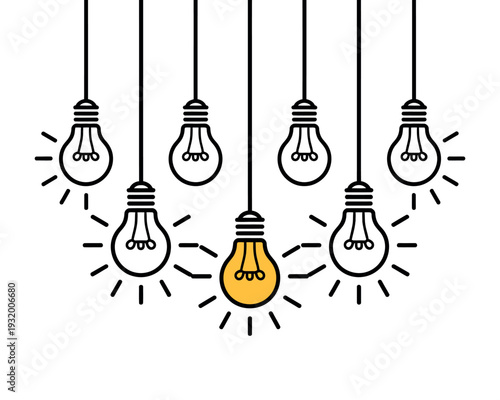 A bright yellow lightbulb stands out among dim lightbulbs, symbolizing creative idea and inspiration.