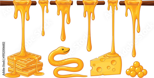 Sticky Honey Drip Set with Waffle Snake Cheese and Golden Sweet Syrup Vector Illustration