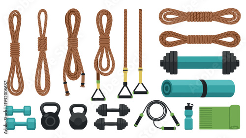 Essential fitness gear and accessories for home workouts in a flat style