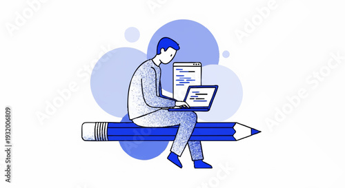 Man working on laptop while sitting on a giant pencil.