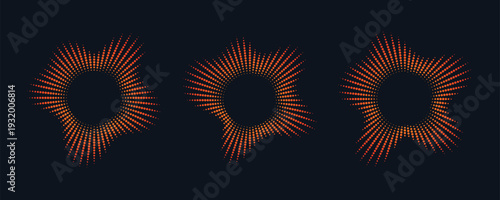 Set of three orange glowing radial sound wave equalizer with halftone dots on dark background. Music rhythm visualizer Pack