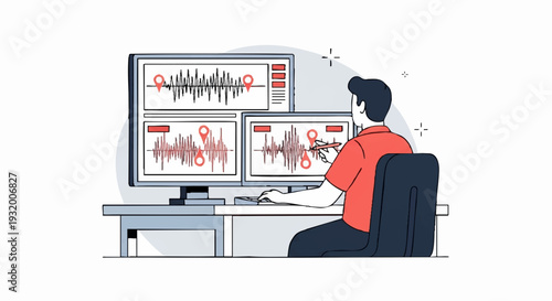 Man working on multiple computer screens displaying data.