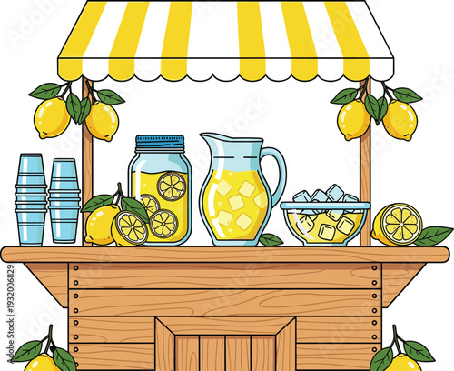 Lemonade Stand with Fresh Lemons Glass Pitcher and Ice Drinks Summer Street Market Vector Illustration