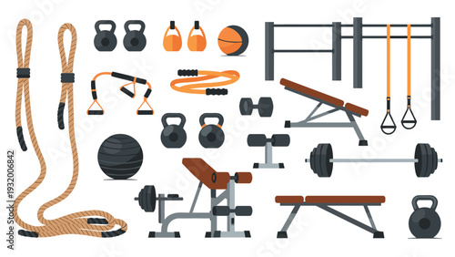 Flat design gym equipment collection: weights, benches, and fitness gear for workout spaces