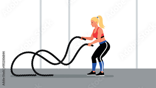 Woman training with battle ropes in gym environment for fitness workout