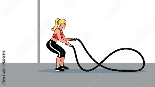 Woman exercising with battle ropes in gym setting