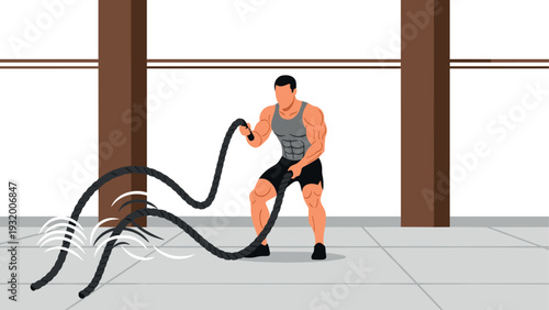 Dynamic gym training: athlete battling ropes workout