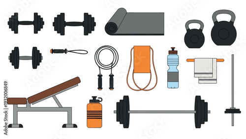 Essential gym equipment collection featuring weights barbell kettlebells and fitness accessories
