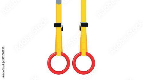 Colorful gymnastics rings hanging from yellow straps in gym equipment design