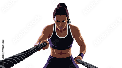 Determined athlete woman training with battle ropes in dynamic illustration