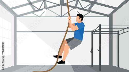 Man climbing rope in gym with modern minimalist design