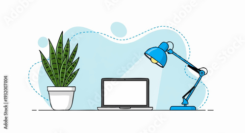 Modern Desk Setup With Laptop Plant and Lamp.