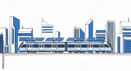 Modern Electric Train with Solar Panels in Urban Setting.