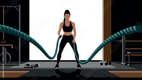 Dynamic fitness training: woman using battle ropes for strength workout