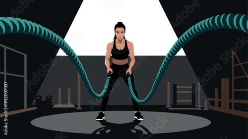 Intense battle rope workout in modern gym setting