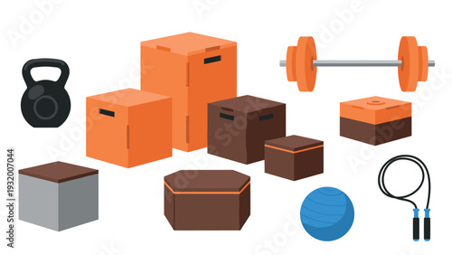 Modern fitness equipment in flat design for gym workouts