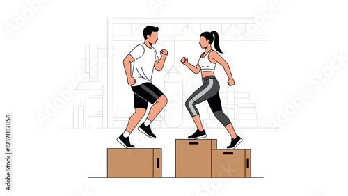 Energetic workout: athletes box jumping in minimalist gym setting