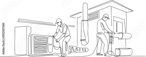 Hvac Ventilation Installation Or Repair Men Black Line Pencil Drawing Vector. Workers Check Ventilation, Pipes Air Conditioning Of Buildings. one line art icon drawing vector