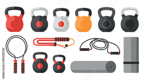 Flat design fitness equipment set with kettlebells, jump ropes, and yoga mat