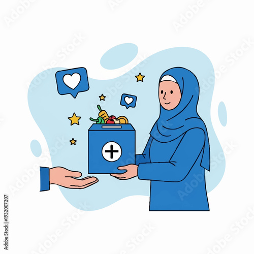 Muslim woman donating food to charity box.