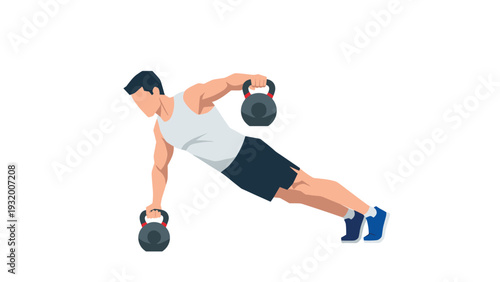 Man performing kettlebell push-up exercise in athletic gear