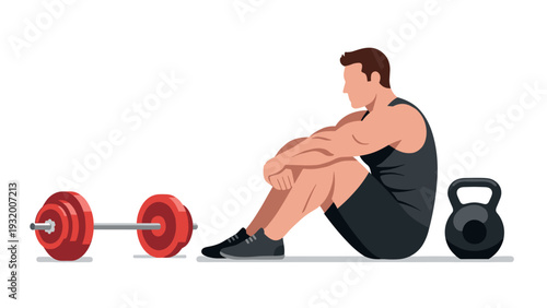 Man sitting with dumbbells and kettlebell in gym setting