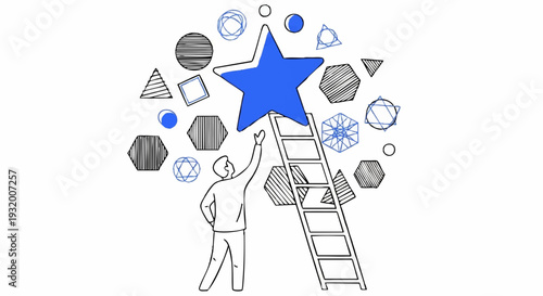 Person climbing ladder to reach a large blue star surrounded by geometric shapes.