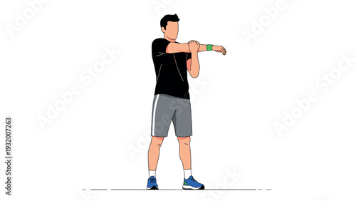 Athletic man stretching arm muscles in minimalist style