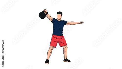 Strong male athlete in athletic wear lifting kettlebell in minimalist style