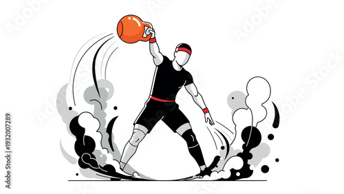Dynamic athlete lifting kettlebell with energetic splashes in modern black and white design