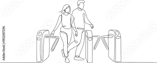 Man And Woman Passing Entry Metro Equipment For Control Direction Of Movement. one line art icon drawing vector