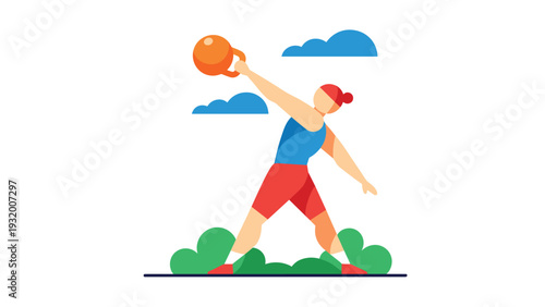 Flat design athlete lifting kettlebell outdoors with blue sky and clouds