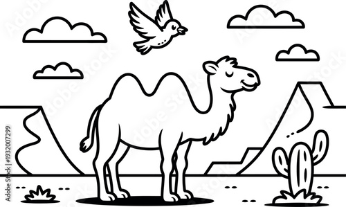 A two-humped camel stands in a desert landscape filled with sand dunes. A cactus grows in the foreground while a bird flies through the cloudy sky.
