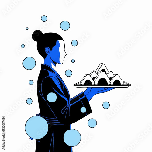Person in traditional Japanese attire serving onigiri rice balls.