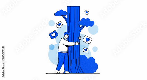 Person hugging a large blue tree with hearts and eyes floating around.