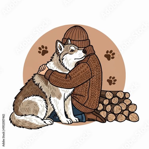 Person hugging a husky dog with firewood nearby.