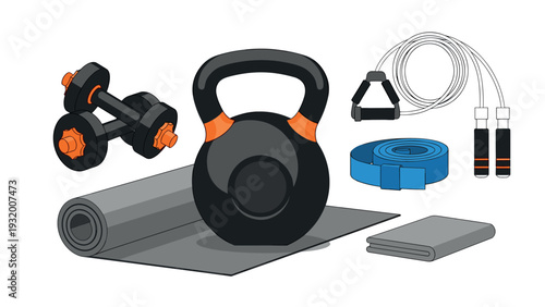 Flat style gym equipment collection with kettlebell, dumbbells, and jump rope