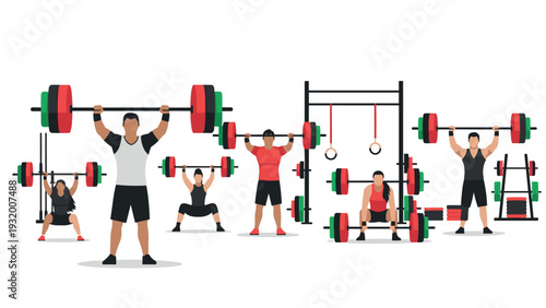 Athletes lifting weights in gym setting with colorful barbells