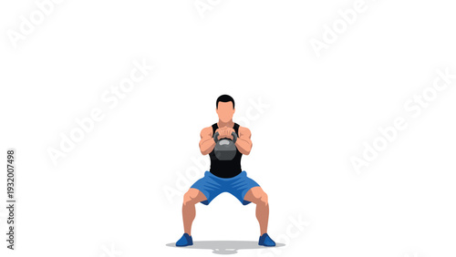 Fitness man squatting with kettlebell in minimalist flat style