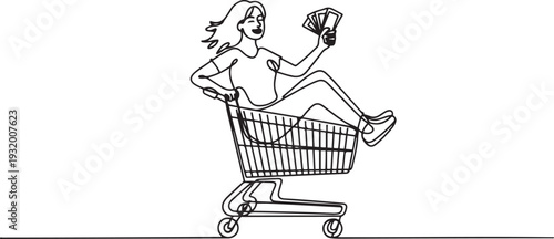 In Shopping Cart Transport Carry Boy Woman Black Line Pencil Drawing Vector. Young Woman Holding Money And Riding In Shopping Cart. one line art icon drawing vector