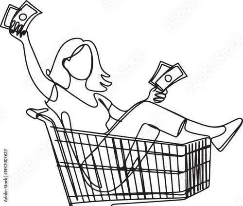 In Shopping Cart Transport Carry Boy Woman Black Line Pencil Drawing Vector. Young Woman Holding Money And Riding In Shopping Cart. one line art icon drawing vector
